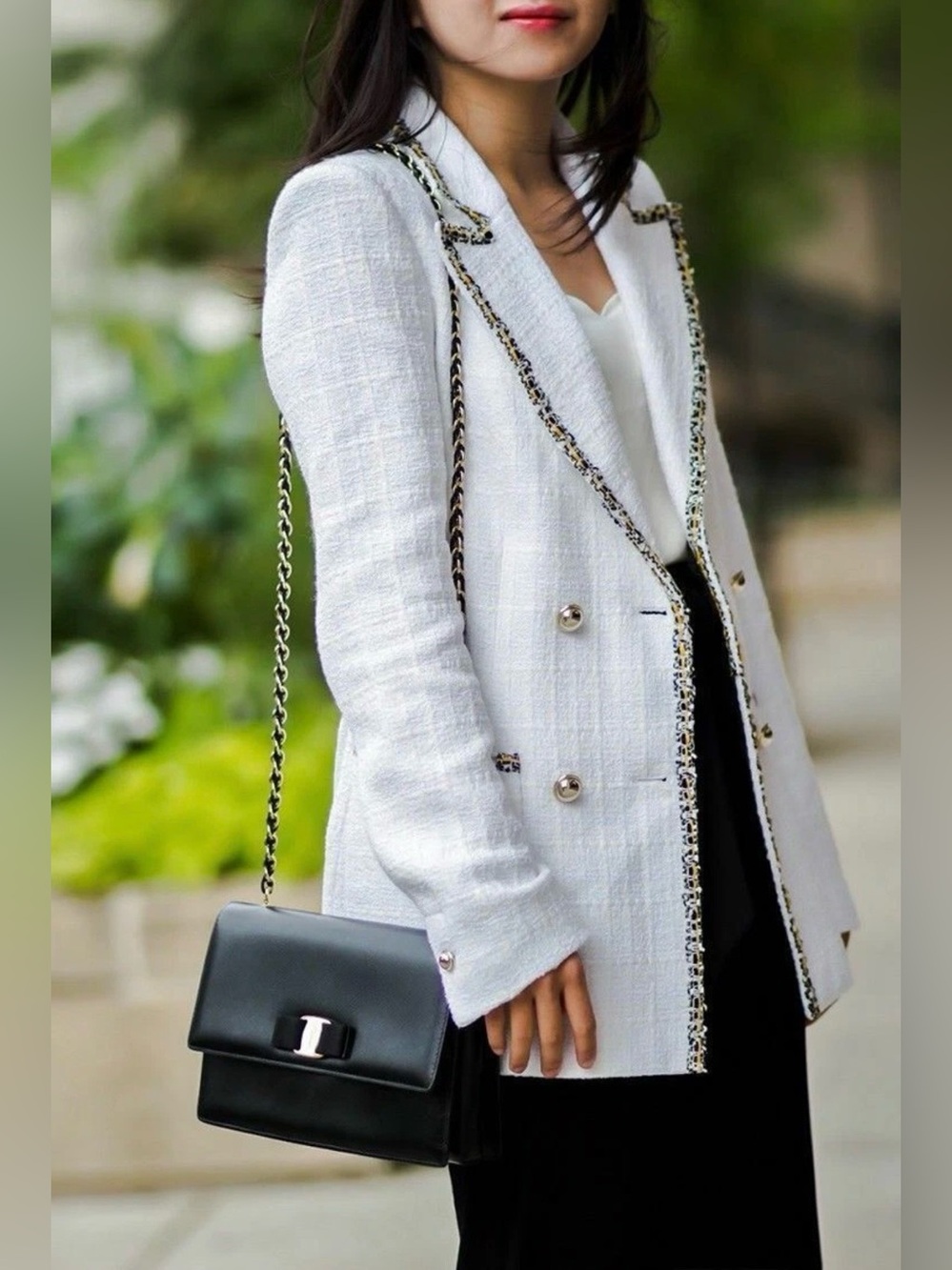 Zara White Tweed Double-Breasted Blazer with Multicolor Trim - Picture 8 of 13